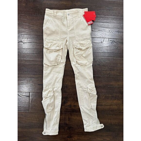 NWT Diesel Women P-Lan Trousers Slim Cut Cargo Pockets Zip Button Cream Size 24
